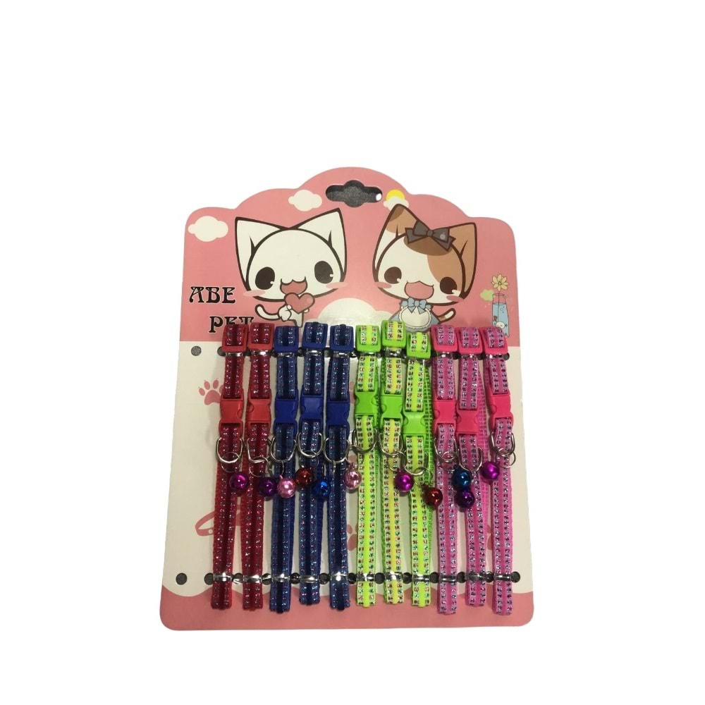 Parlak Simli Zilli Ayarlanabilir Kedi Boyun Tasması 1 cm. Pembe