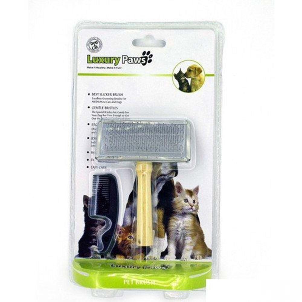 Luxury Paws Ahşap Saplı Metal Kedi Köpek Fırçası Large 14x12 cm.