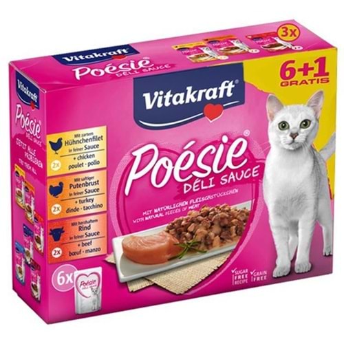 Vitakraft Poesie Soslu Tavuk&Hindi&Biftek Etli Kedi Konservesi 6+1 85 Gr.