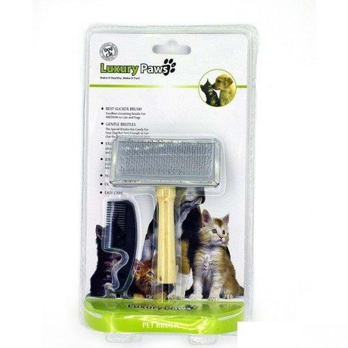 Luxury Paws Ahşap Saplı Metal Kedi Köpek Fırçası Large 14x12 cm.